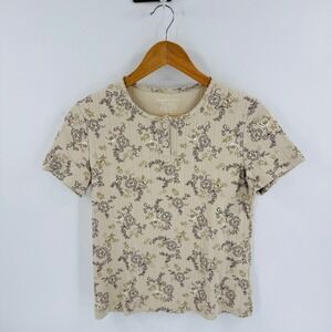Vintage Basic Editions Henley Top Beige Floral Ribbed Picot Trim Size S Earthy